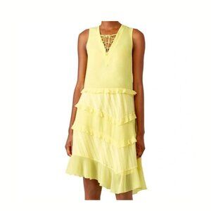 Three Floor Lemon Yellow Ruffle Chiffon Asymmetrical Flowy Sleeveless Size 12